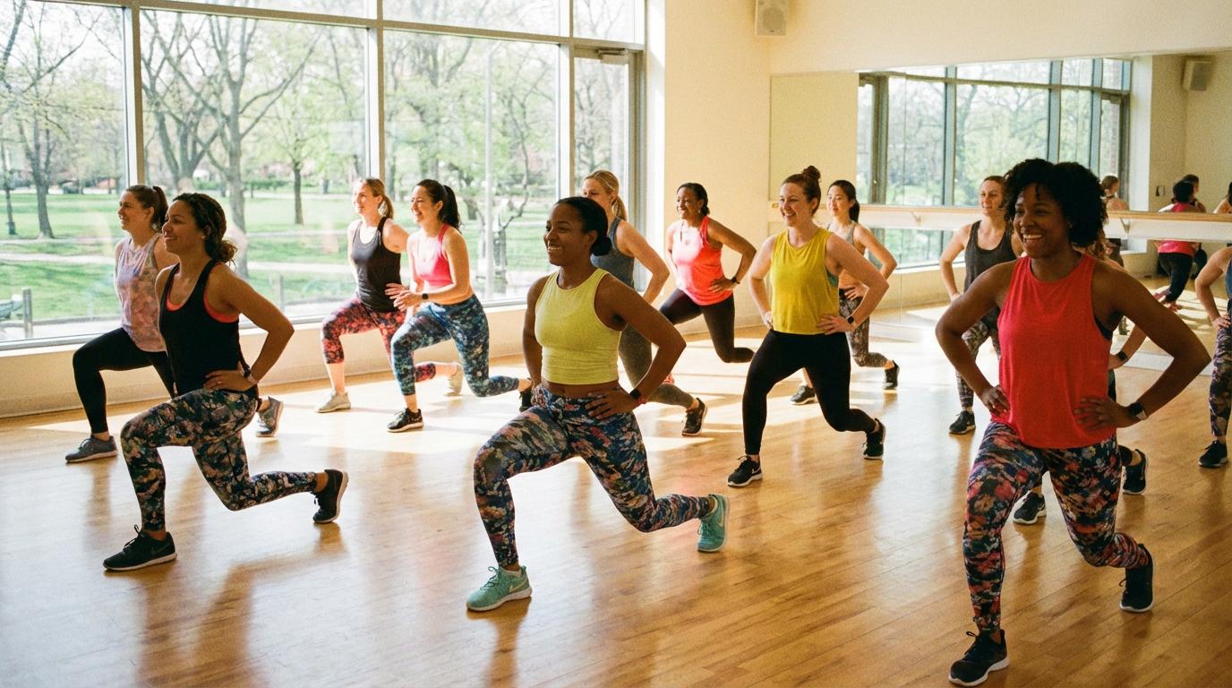 Women enjoying an energetic group fitness class