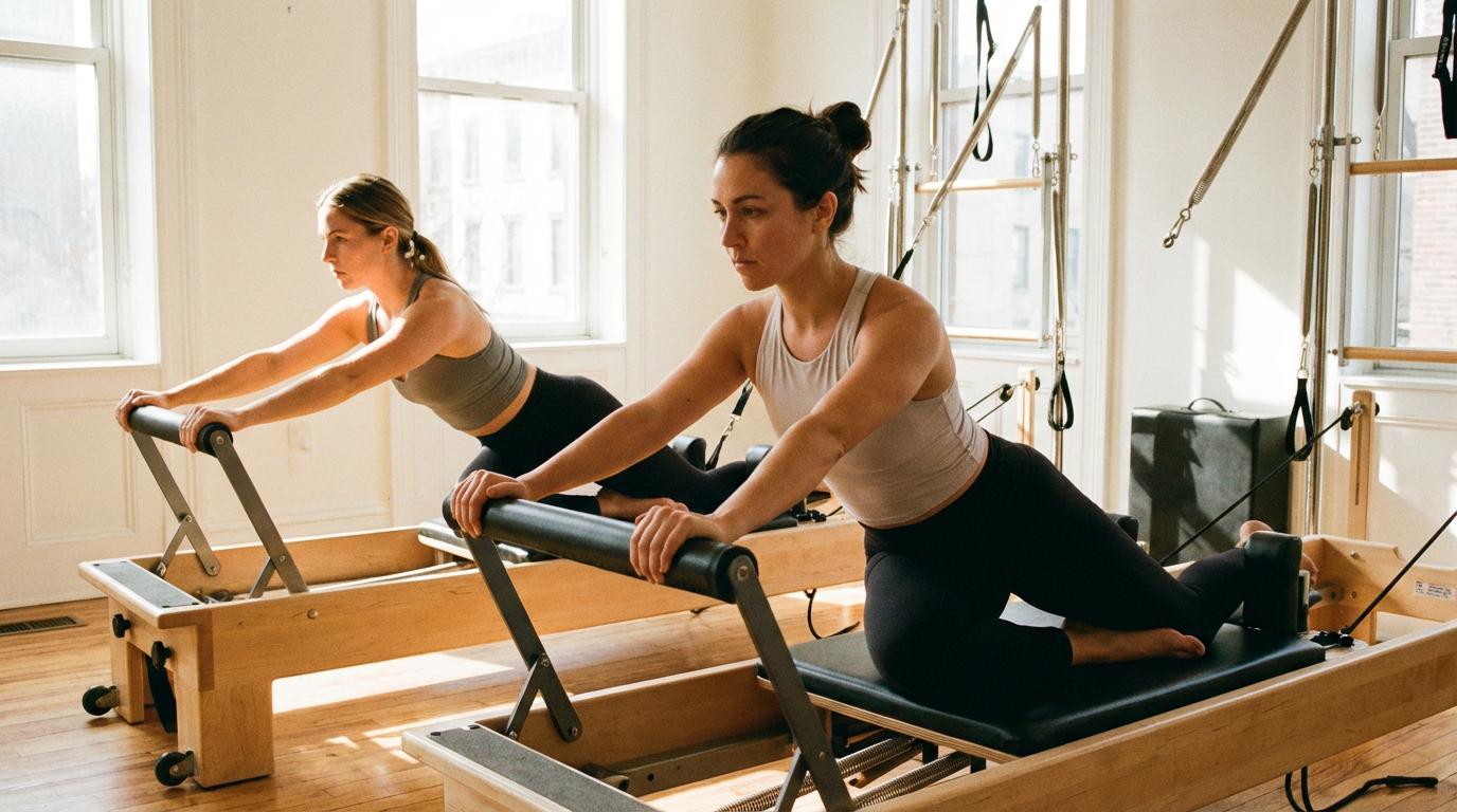 Close-up of women practising reformer pilates